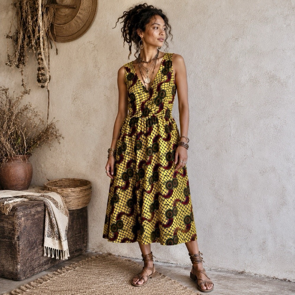 Handmade Ankara Print V-neck Midi Fit And Flare Dress Yellow Black Pull On Sz S